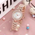 Women's rose gold watch set with diamond accents and white mother-of-pearl dial face - Rose Gold Watch