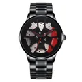 Detail of creative car wheel hub watch face with red brake caliper and black steel strap - Red