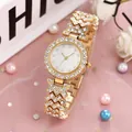 Luxury gold crystal women watch with diamond-studded strap and pearl white dial set - Gold Watch