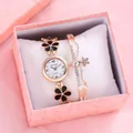 Elegante set orologio e bracciale in oro rosa con ciondoli floreali in scatola rosa - Con Bracciale E Scatola Regalo / Nero