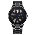 Close-up of black steel watch face featuring racing wheel hub design and blue needles - Blue