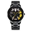 Racing style men's watch with black metal strap and 3D wheel hub design on dial - Yellow