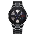 Detailed macro view of the racing wheel hub dial and blue hands on a black steel watch - Blue
