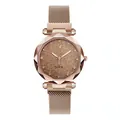 Damen-Sternenuhr in Roségold mit Magnet-Mesh-Armband und facettiertem Glas - Braun