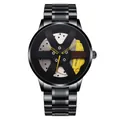 Detail of a men's quartz watch featuring a 3D yellow car wheel rim and brake caliper design - Yellow