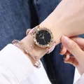 Reloj de cuarzo con esfera estrellada, bisel de oro rosa y correa de cuero rosa mate - Reloj Y Pulseras / Rosa