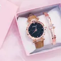 Close-up of starry sky dial watch and matching rhinestone bracelet in a gift box - Watch And Bracelet And Box / Brown