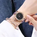Reloj con esfera estrellada, correa de cuero púrpura y pulseras de estrella en oro rosa - Reloj Y Pulseras / Púrpura