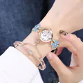 Orologio elegante in oro rosa con quadrante a petali e set di bracciali con diamanti - Con Bracciale / Blu