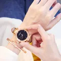 Starry sky dial women's watch with rose gold rhinestone bezel and bracelet set - Watch And Bracelet / Brown