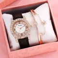 Orologio al quarzo da donna oro rosa con cinturino in pelle e bracciale stella di strass - Orologio E Bracciale Con Scatola / Nero
