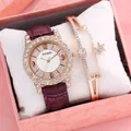 Primo piano dell'orologio in pelle viola Amadi e bracciale a stella con strass - Orologio E Bracciale Con Scatola / Viola