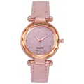 Stylish women's quartz watch with pink glitter dial and rose gold faceted bezel - Pink
