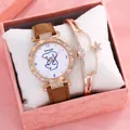 Elegant rose gold watch with cute puppy dial and star pendant bracelet in gift box - Brown + Bracelet + Box