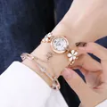 Set orologio da donna oro rosa con cinturino floreale in smalto e bracciali di lusso - Con Bracciale / Bianco