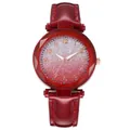 Deep red luminous ladies quartz watch with star gradient dial and leather strap - Watch Only / Red
