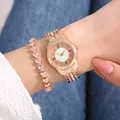 Luxe roségouden dameshorloge en hartarmbandset met sprankelende kristallen diamantversiering - Roségoud + Armband