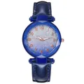 Detailed view of the rose gold Arabic numerals and blue glitter dial on the lady's watch - Watch Only / Blue