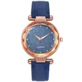 Detail of starry blue glitter dial with rhinestone markers and rose gold case on quartz watch - Blue