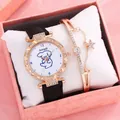 Women's quartz watch with cartoon bear dial and star charm bracelet in gift box - Black + Bracelet + Box