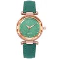 Detail view of emerald green glitter dial with diamond markers and rose gold case - Green