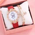 Women's quartz watch with red leather strap and matching rose gold star charm bracelet - Red + Bracelet + Box