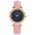 Detalle de caja oro rosa con brillantes y esfera estrellada negra en correa de cuero rosa - Estilo Solo Reloj / Rosa
