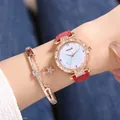 Montre à quartz or rose pour femme avec cadran papillon bleu et bracelet étoile - Rouge + Bracelet