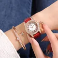 Set orologio donna al quarzo con cinturino in pelle rossa, quadrante strass e bracciale stella - Orologio E Bracciale / Rosso