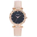 Detalle de esfera estrellada con bisel de diamantes oro rosa y correa de cuero beige - Estilo Solo Reloj / Beige