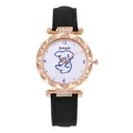 Minimalist quartz watch with rose gold rhinestone bezel and black leather strap for women - Black Watch Only