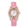 Close-up of pink leather watch strap and crystal-encrusted bezel with roman dials - Pink Watch Only