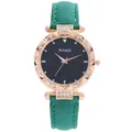 Primer plano de esfera negra estrellada con caja de oro rosa y correa verde - Estilo Solo Reloj / Verde