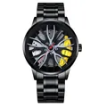Herenhorloge met racewiel design zwarte roestvrijstalen band en gele remklauw accenten - Geel