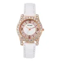 Elegant women's white leather watch with rose gold diamond bezel and Amadi logo - White Watch Only