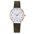 Close-up of quartz watch featuring a rose gold case and green frosted leather strap - Navy Blue