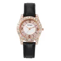 Detail of rose gold watch face with crystal bezels and black crocodile leather strap - Black Watch Only