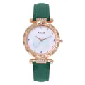 Montre quartz femme or rose avec cadran papillon et bracelet en cuir vert - Montre Simple Verte