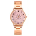 Damen-Armbanduhr in Roségold mit rosa Zifferblatt, Blumenmuster und funkelnden Steinen - Rosa