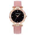 Women's quartz watch with starry black dial, rose gold rhinestone case and pink suede strap - Pink