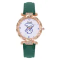 Green leather strap watch with rhinestone bezel and cartoon puppy dial for women - Green