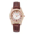 Amadi women's quartz watch with rose gold rhinestone case and brown leather strap - Brown Single Watch
