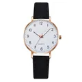 Minimalist quartz watch with rose gold case, white dial and black leather strap for students - Black