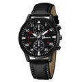 Montre Geneva pour homme en cuir noir avec surpiqûres blanches et cadran quartz chic - Cadran Noir Noir Texte Blanc