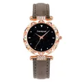 Detail of rose gold starry sky watch face with crystal bezel and brown leather strap - Gray