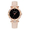 Detailed close-up of rose gold rhinestone bezel and starry black dial on a beige strap watch - Beige