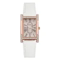 Close-up of a rectangular rose gold watch featuring crystals and a white leather strap - White