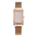 Detail of rose gold rectangular watch with rhinestone edges and milanese mesh strap - Pink