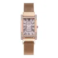 Close-up of rectangular H-shaped rose gold case with crystals and Roman numeral dial - Pink