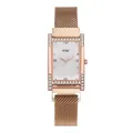 Detail der roségoldenen rechteckigen Uhr mit diamantbesetzten H-förmigen Bandanstößen - Weiß